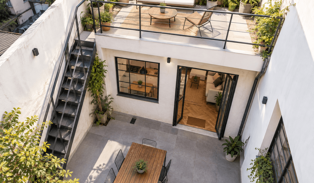 Patio urbano moderno con terraza verde